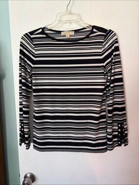 MICHAEL Michael Kors Navy and White Striped Long-Sleeve Top with Gold Buttons